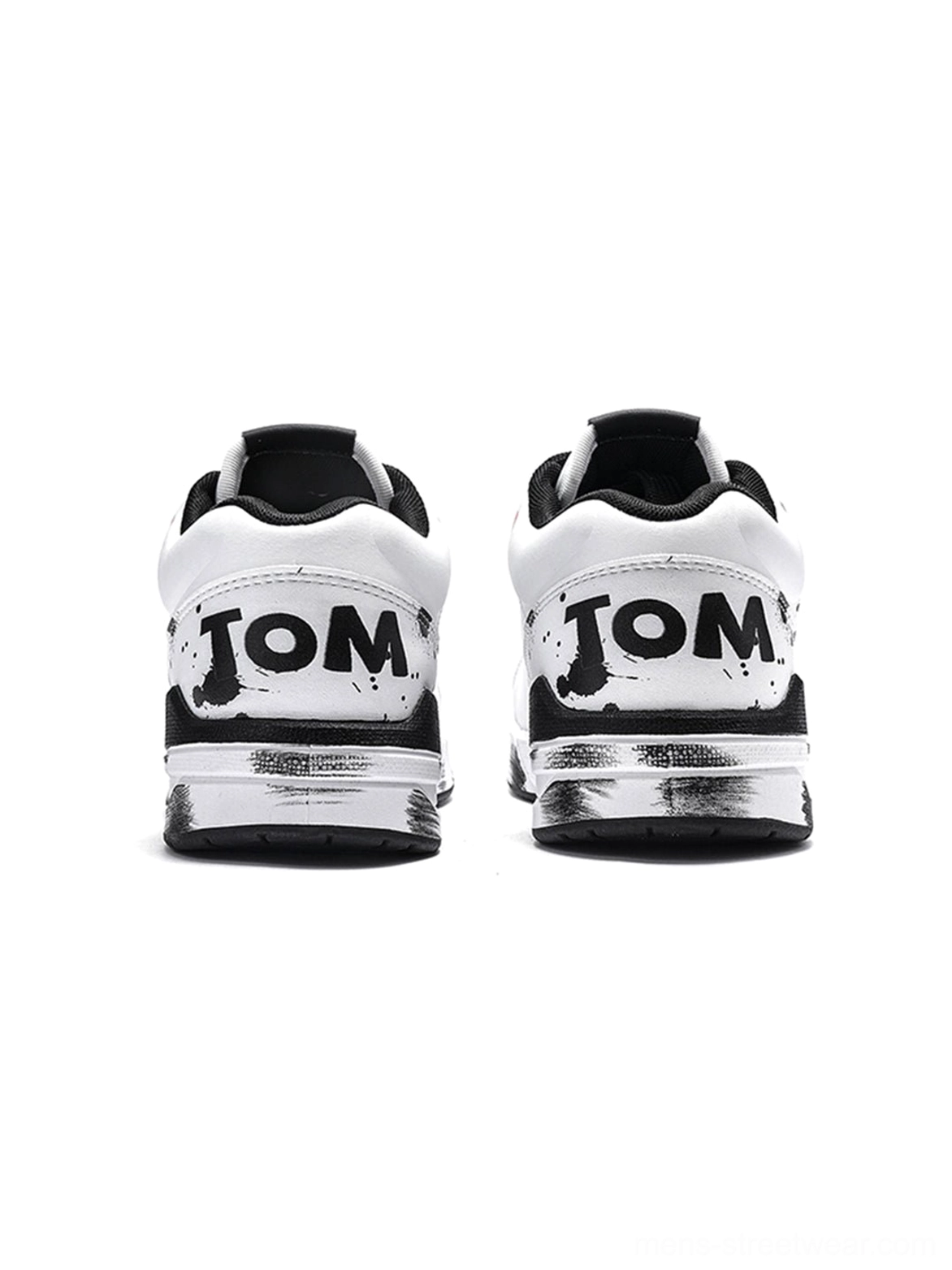 Rear view of flame graphic court sneakers showing the printed heel detail, distressed black border, and matching vintage streetwear finish