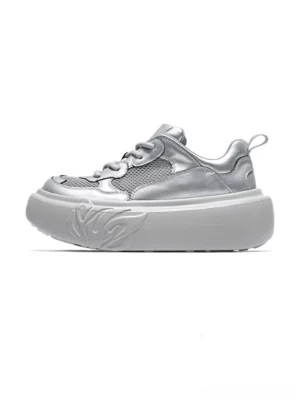 Metallic silver flame sole mesh platform sneakers in left side profile on a white studio background
