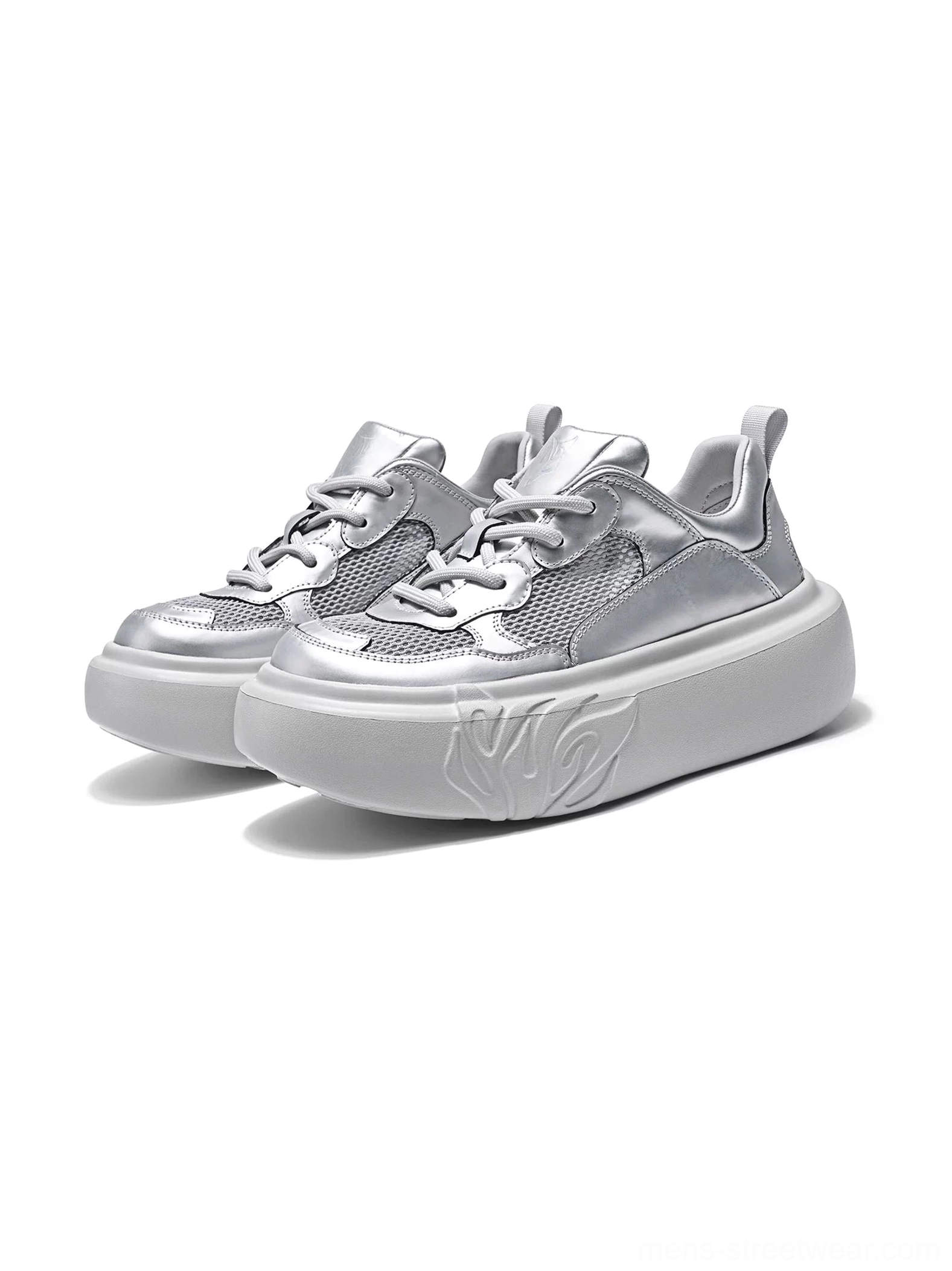 Pair of metallic silver flame sole mesh platform sneakers shown in front three-quarter view