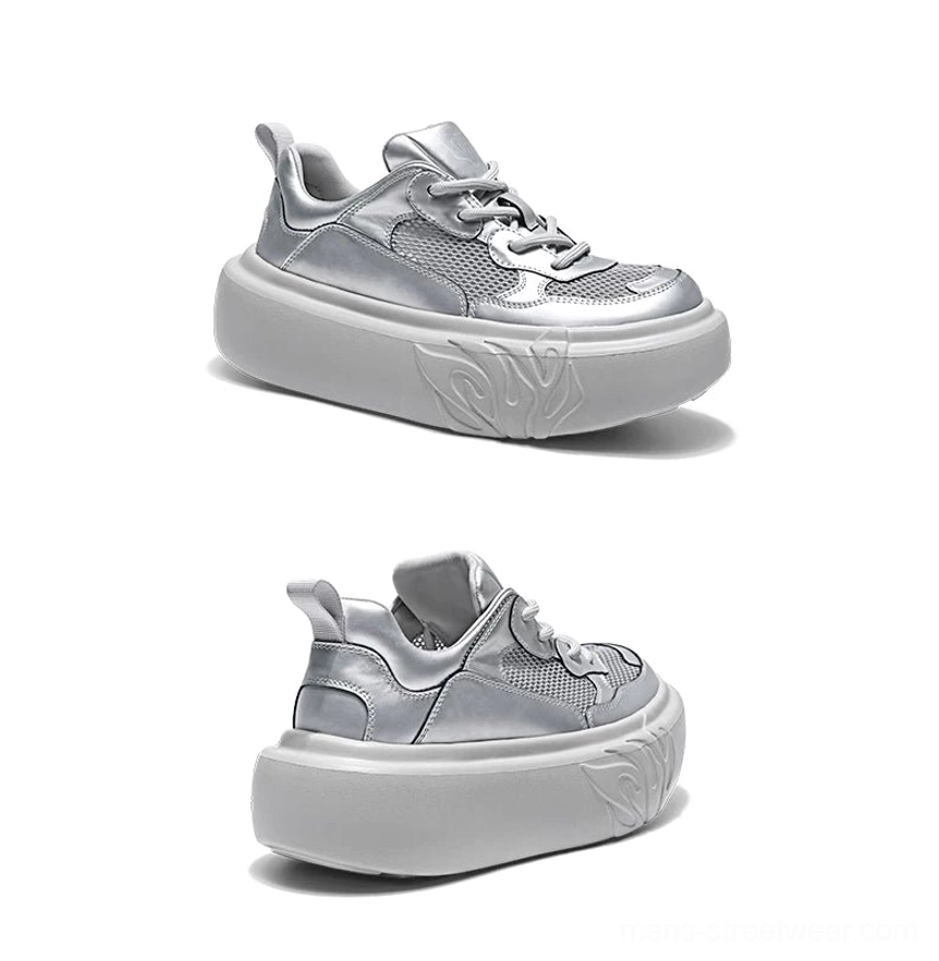 Metallic silver mesh platform sneaker with rounded toe and thick flame embossed sole
