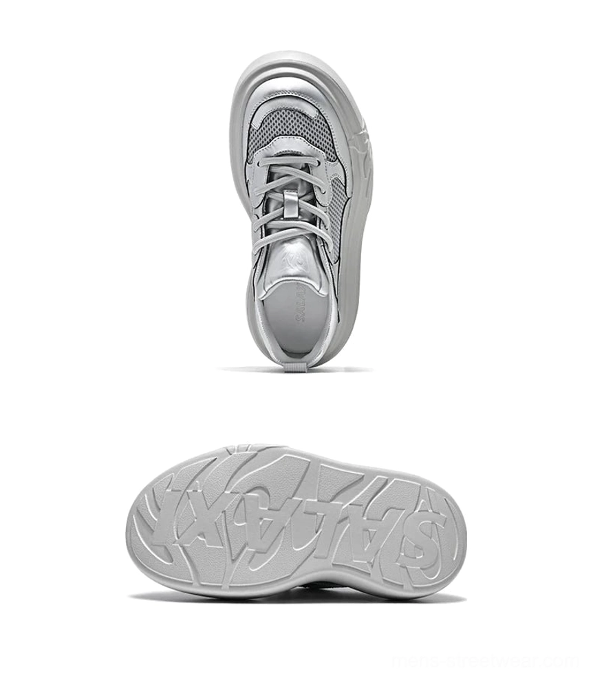 Top view of metallic silver lace-up mesh platform sneakers with breathable vamp panels