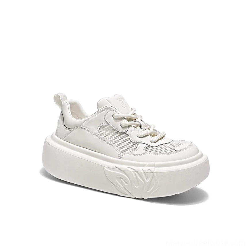 White flame sole mesh platform sneakers with cushioned chunky streetwear silhouette