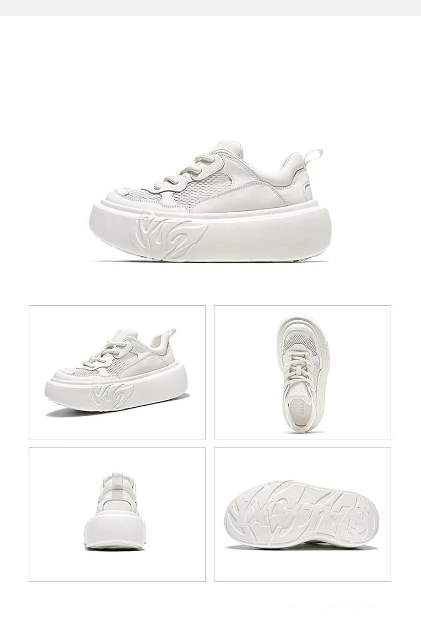 White flame sole platform sneaker in side profile with clean leather-look upper and heel pull tab