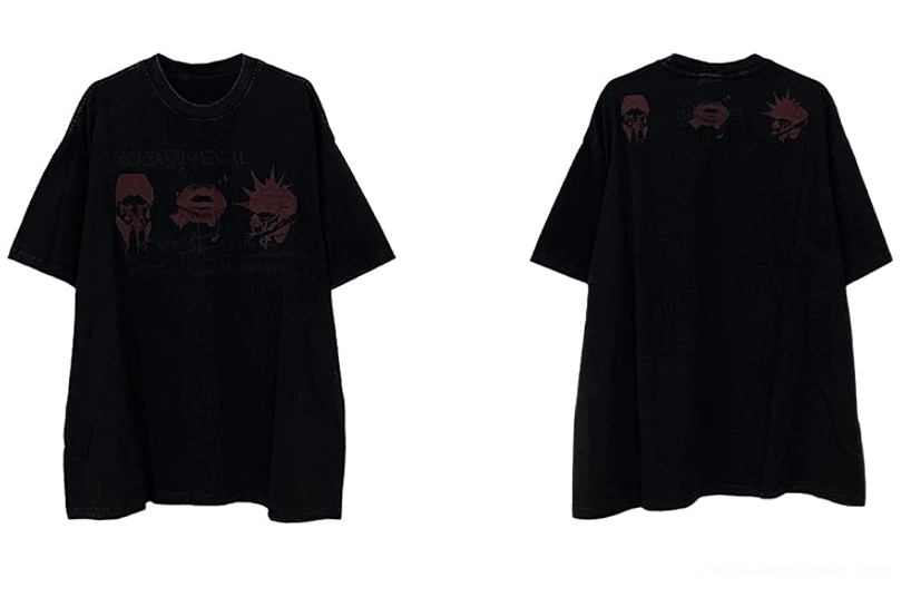 Flat lay front view of oversized black graphic T-shirt with classic crewneck loose sleeves and maroon punk print