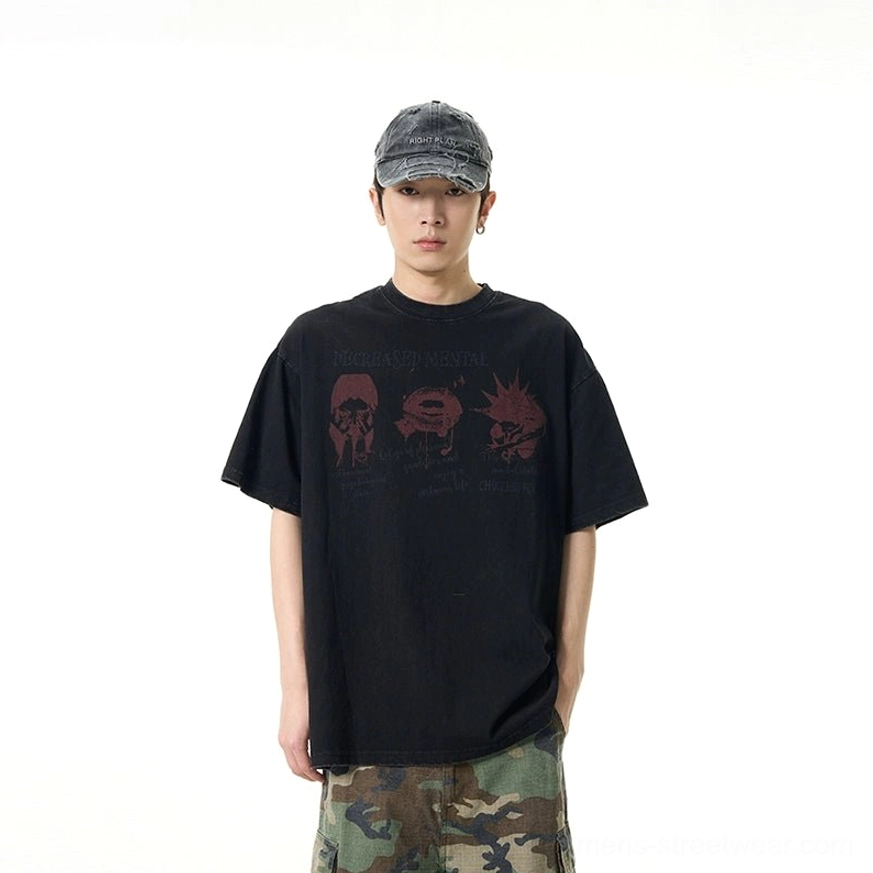 Flat lay rear view of black oversized streetwear T-shirt showing the crewneck shape and matching maroon back graphic