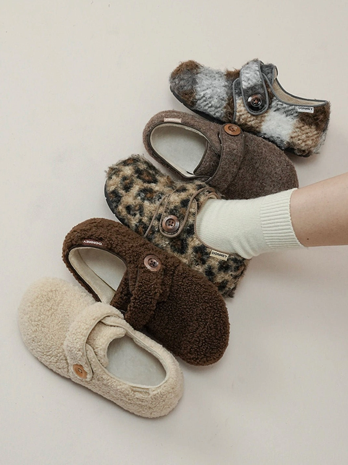 Fuzzy fleece-lined Velcro slip-on shoes for Korean-inspired casual streetwear outfits
