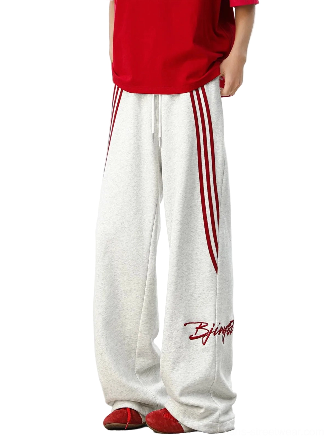 Floral gray oversized striped sweatpants with maroon side stripes, red cursive embroidery, loose wide-leg fit, and contemporary East Asian streetwear styling