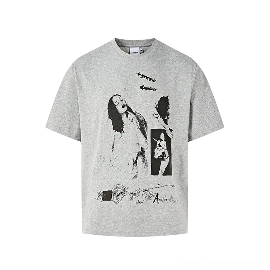 Floral gray UPF 50+ graphic print T-shirt with retro figures handwritten script and oversized Korean streetwear fit
