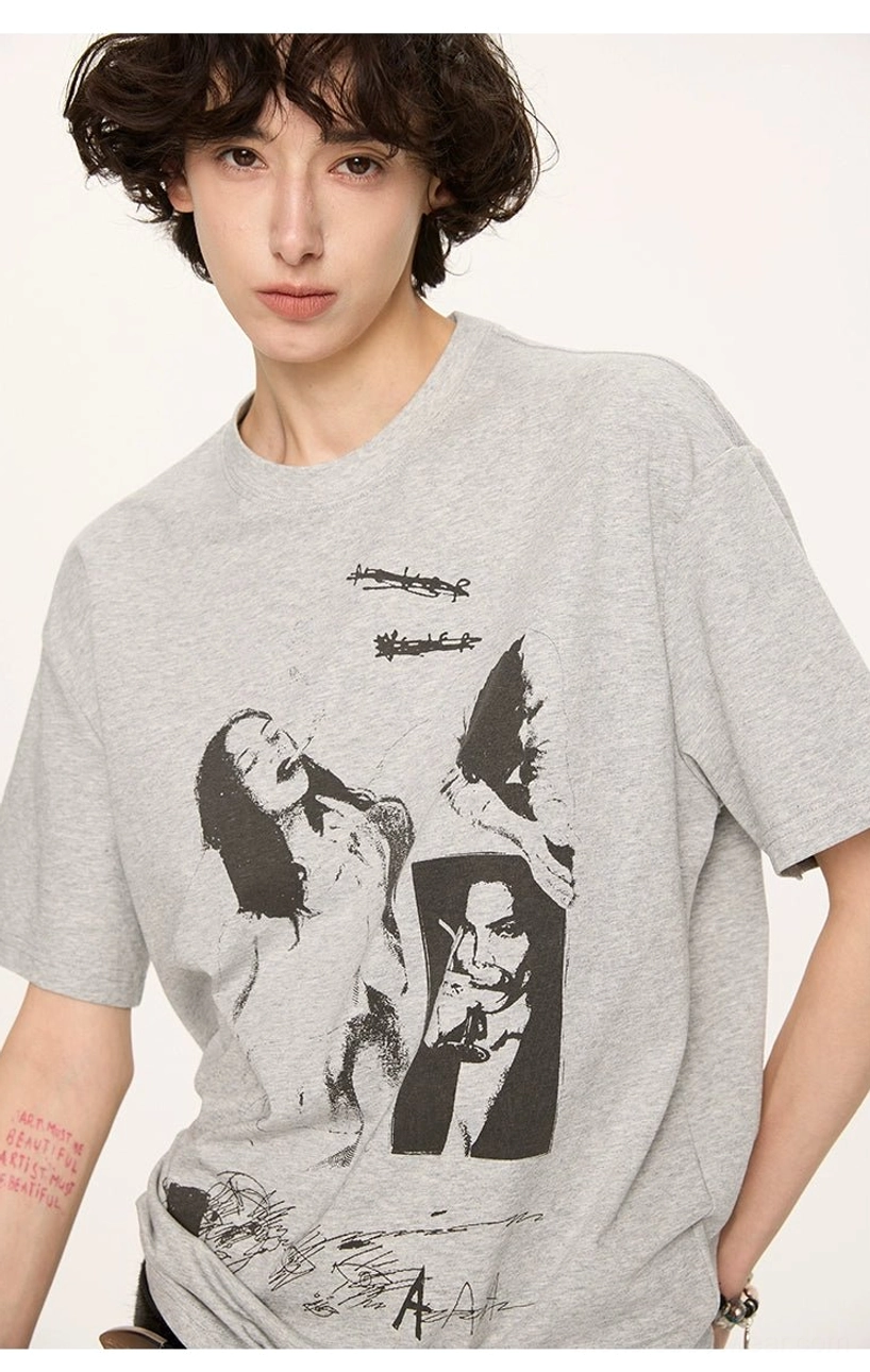 Close-up of floral gray UPF 50+ graphic T-shirt showing detailed retro portrait print relaxed crewneck and smooth fabric