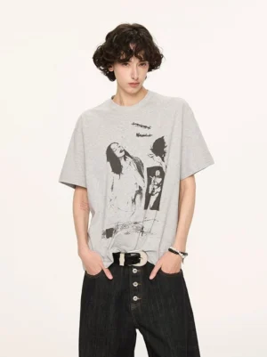 Floral gray UPF 50+ graphic T-shirt with vintage portrait collage print and relaxed Korean streetwear fit