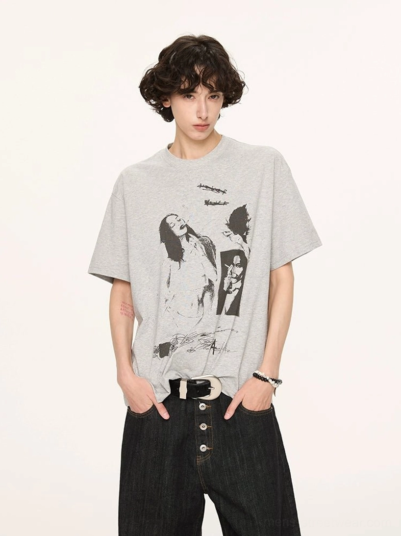 Floral gray UPF 50+ graphic T-shirt with vintage portrait collage print and relaxed Korean streetwear fit