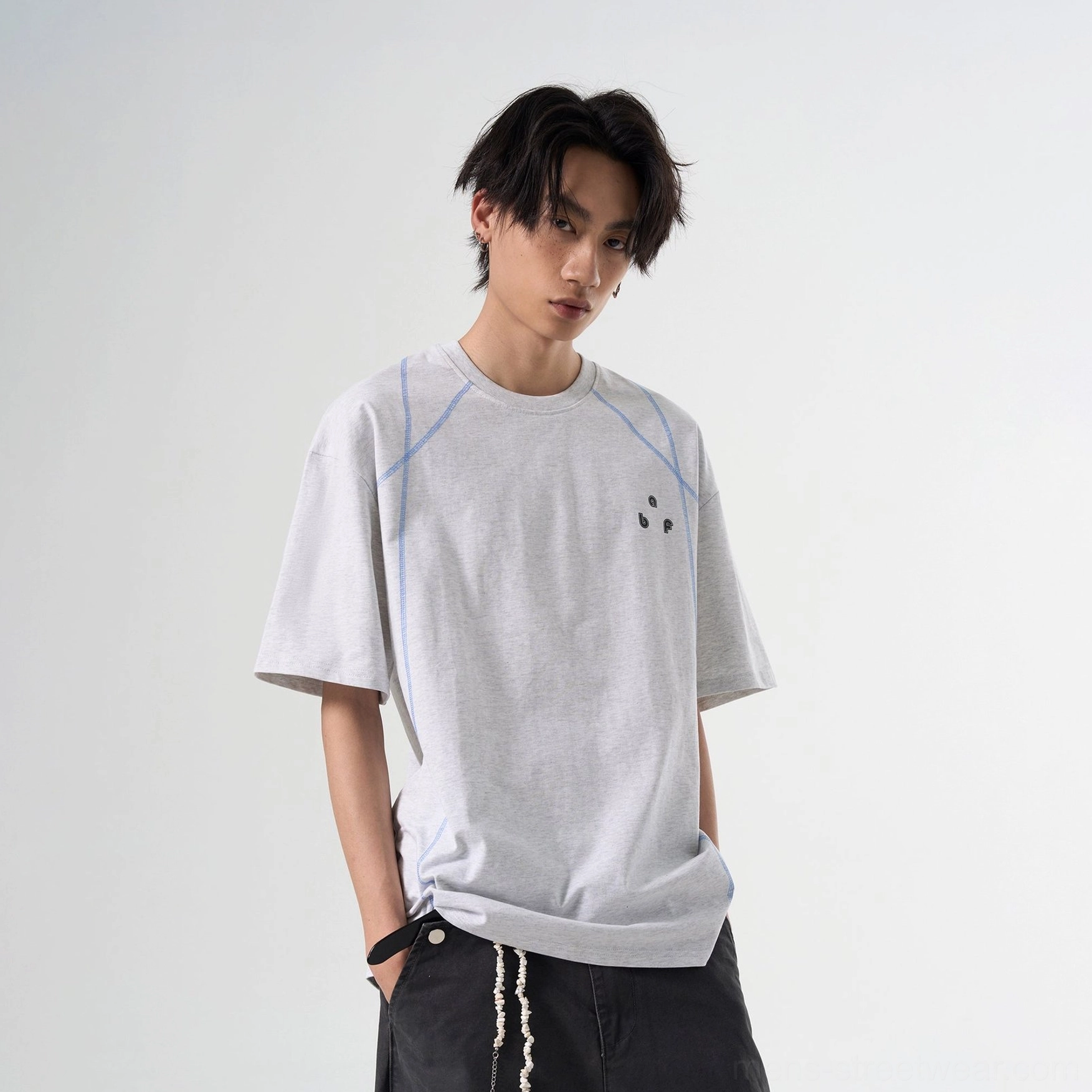 Flower Gray contrast stitch relaxed fit graphic T-shirt Korean streetwear product image