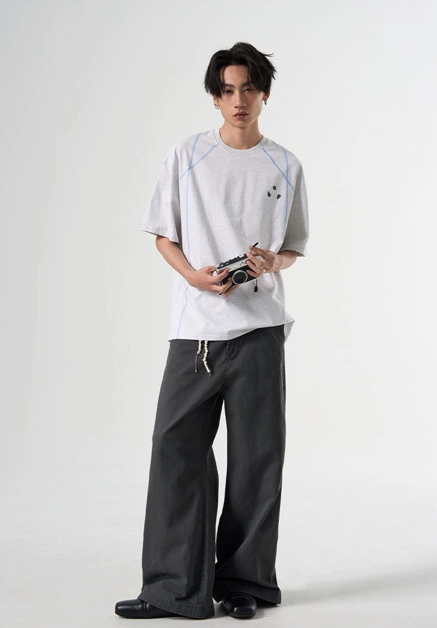 Flower Gray Korean streetwear T-shirt styled with dark gray wide-leg drawstring trousers