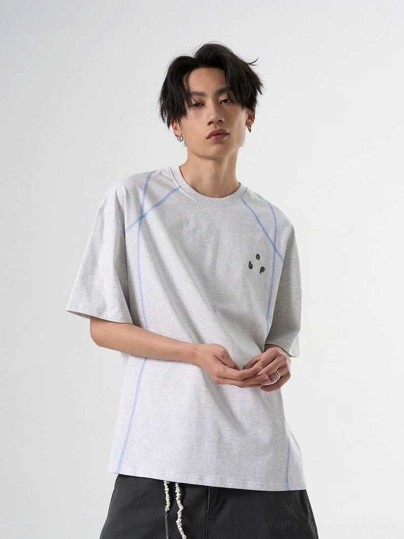 Flower Gray relaxed fit graphic T-shirt with blue contrast stitching and subtle chest detail