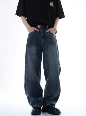 Fogwash barrel wide-leg jeans in dark vintage blue washed denim, front full-length streetwear outfit view