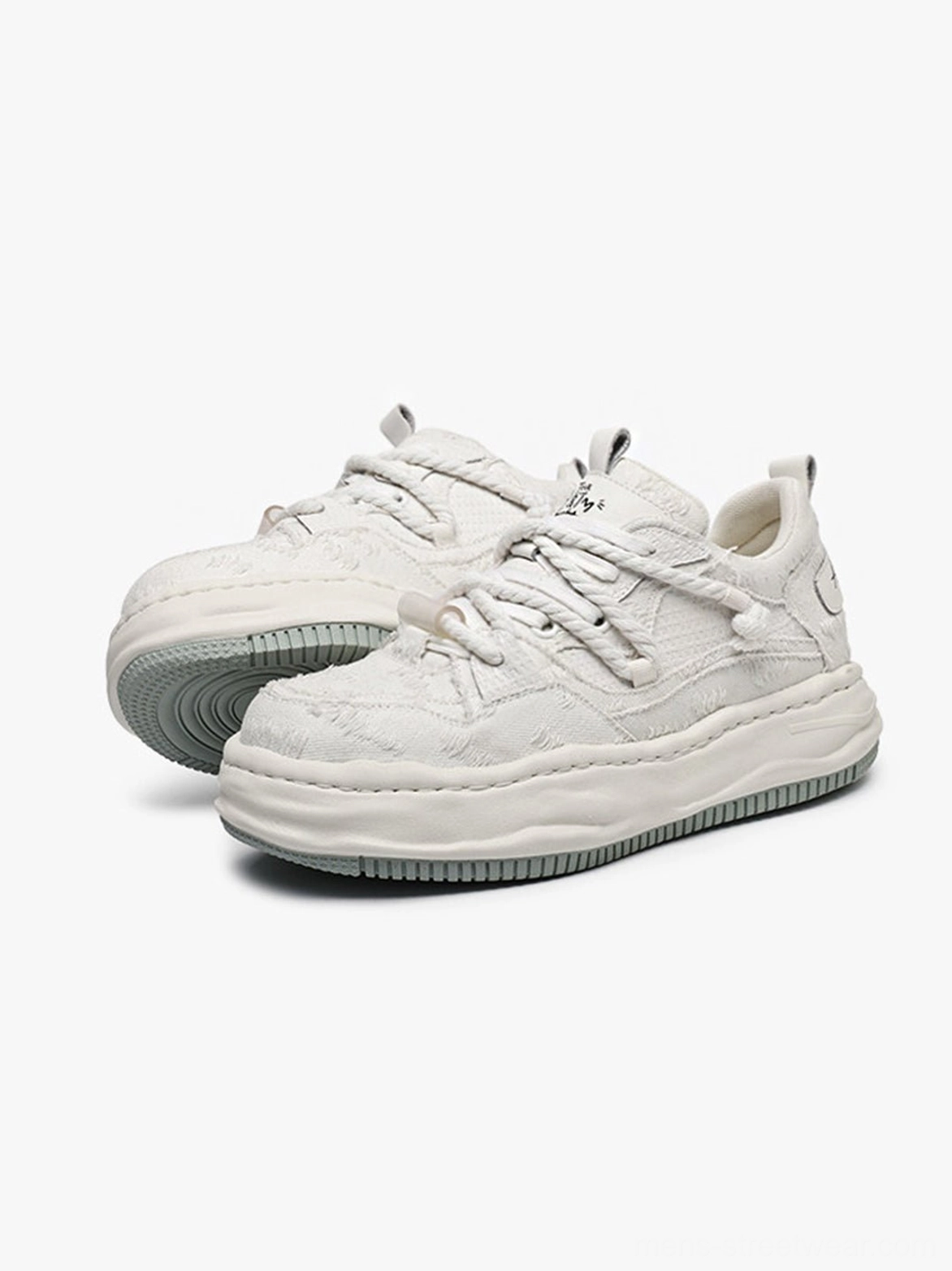 Chunky frayed canvas platform sneakers designed for Acubi-inspired outfits, distressed denim, and layered East Asian streetwear