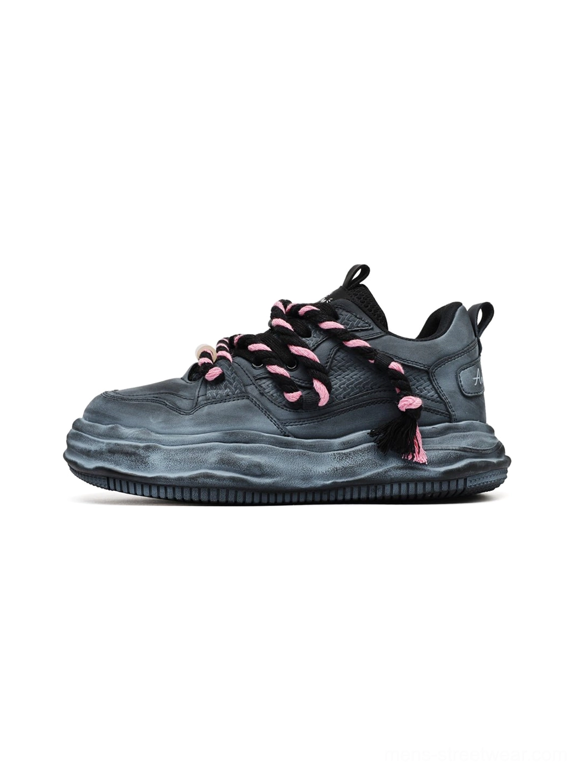 Frayed canvas platform sneakers with chunky sculpted soles, textured uppers, and Korean streetwear-inspired distressed styling