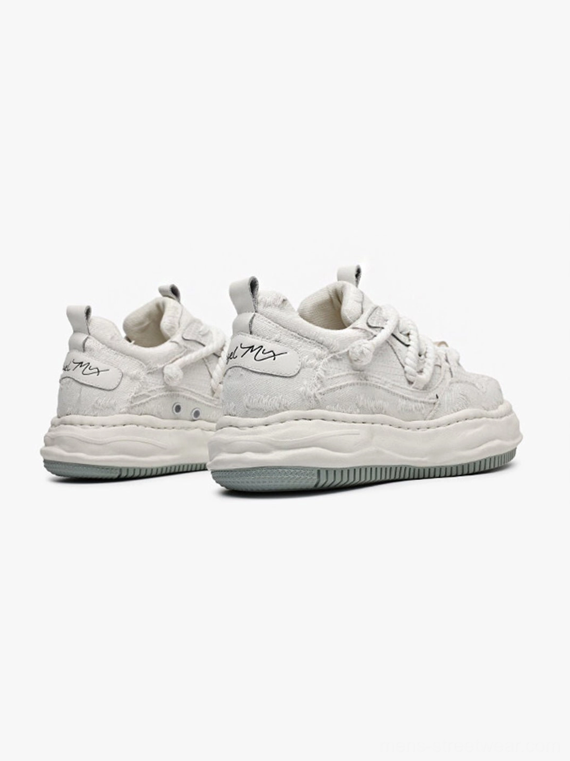 Unisex frayed canvas platform sneakers with twisted laces and distorted midsoles for Korean fashion and everyday urban outfits