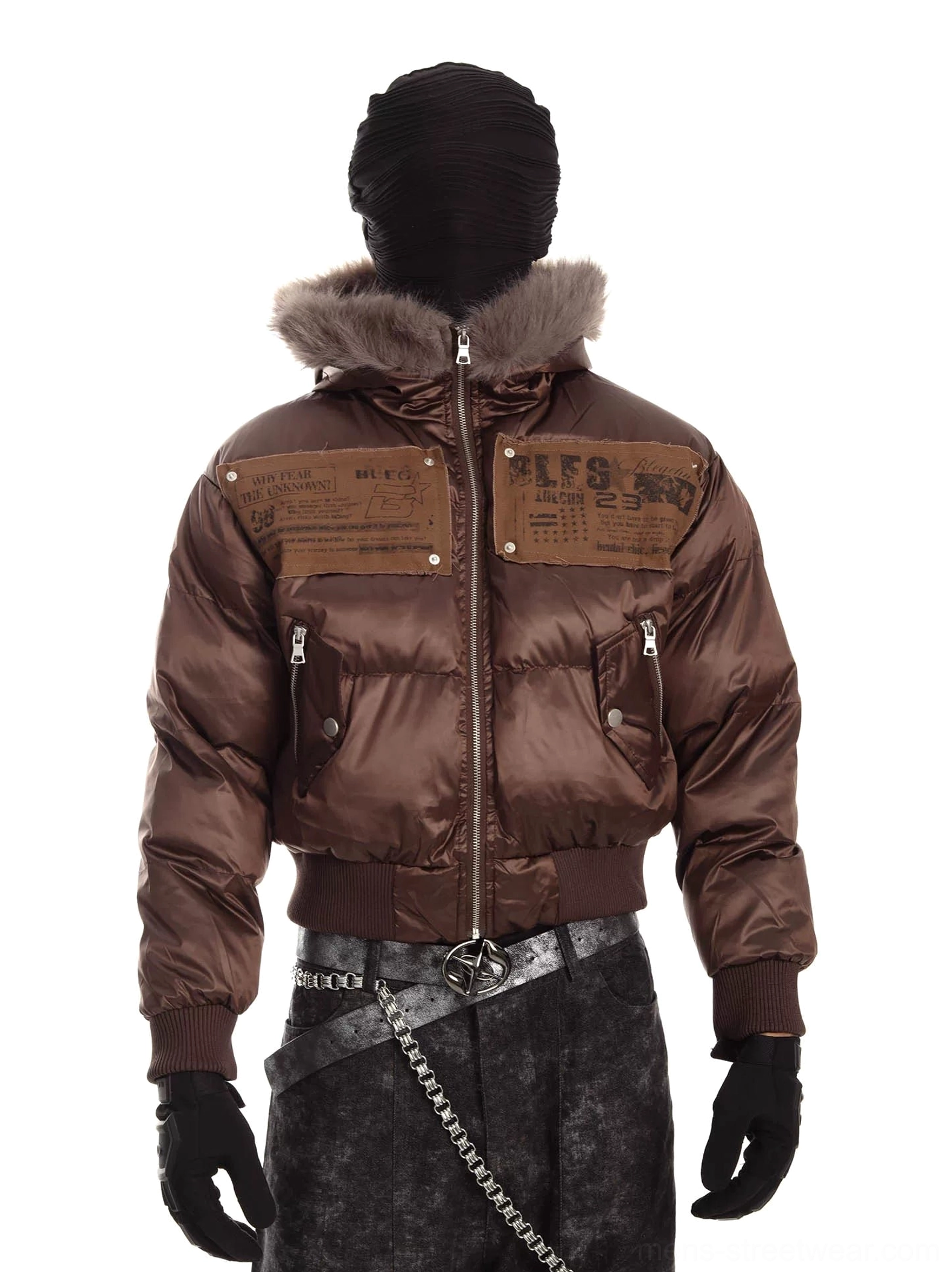 Coffee brown cropped puffer bomber jacket front full body streetwear styling with fur trimmed hood and zip pockets