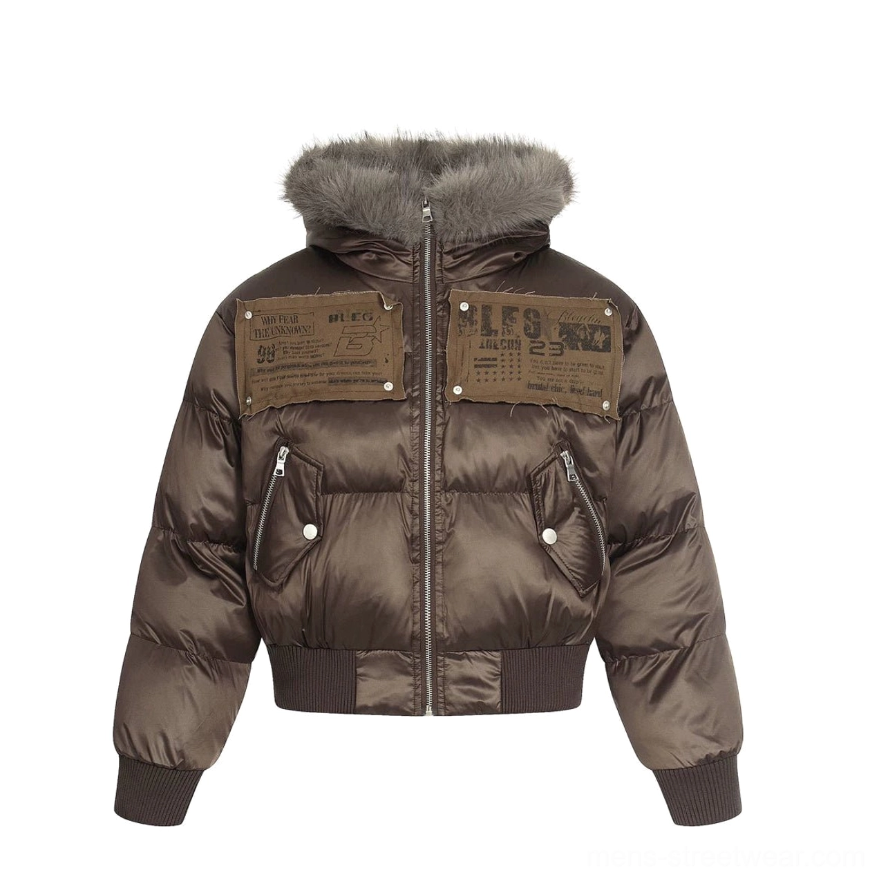 Coffee brown cropped puffer bomber jacket flat lay showing gray faux fur hood trim graphic chest patches zipper and pockets