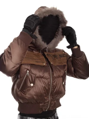 Coffee brown faux fur hood cropped puffer jacket close-up showing quilted satin finish chest patch panels and front zipper