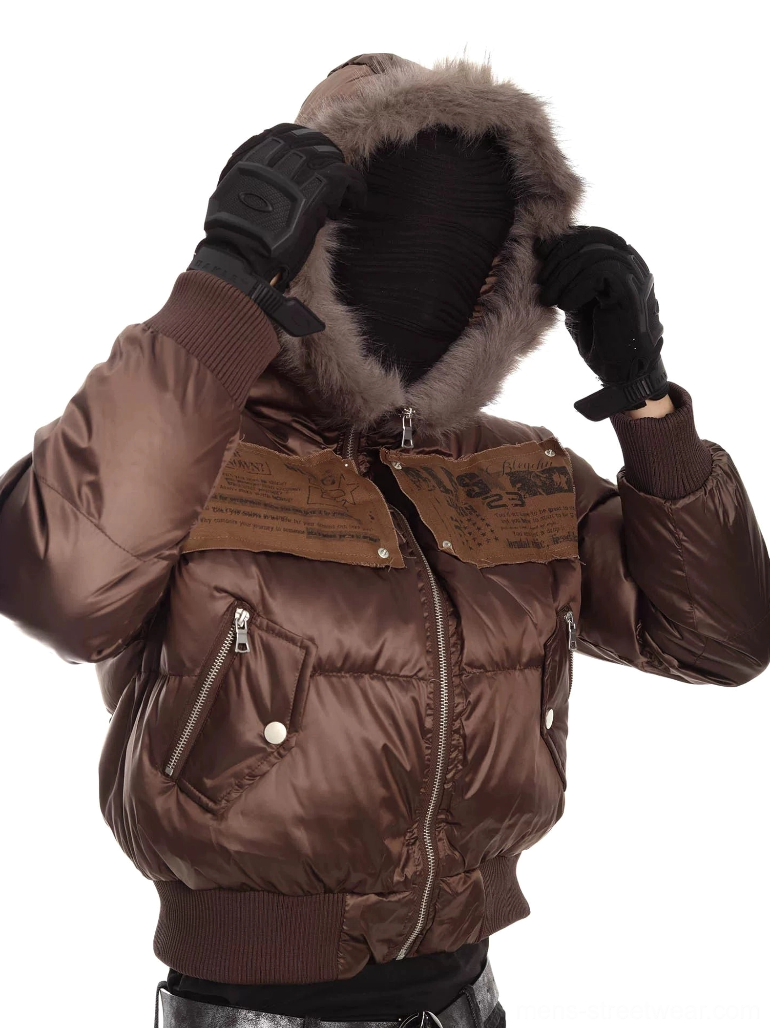 Coffee brown faux fur hood cropped puffer jacket close-up showing quilted satin finish chest patch panels and front zipper