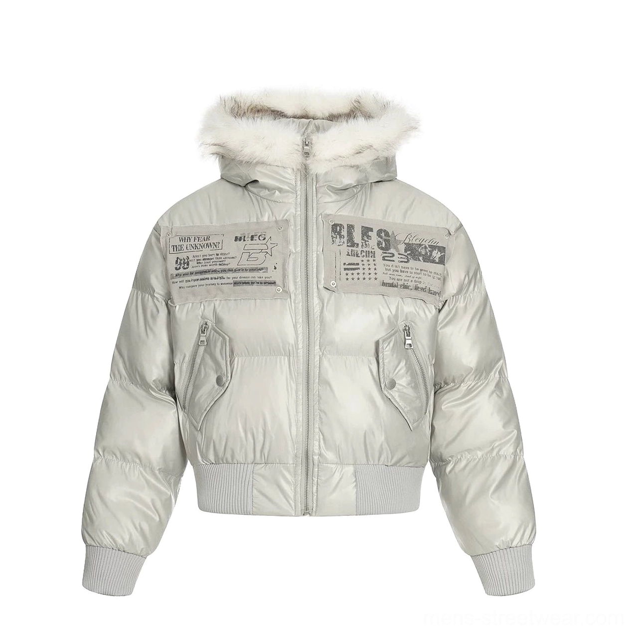 Light gray cropped puffer bomber jacket flat lay with white faux fur hood trim quilted finish chest decals and zip pockets