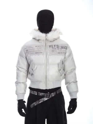 Light gray faux fur trimmed cropped puffer bomber jacket front view with graphic chest patches and quilted streetwear finish