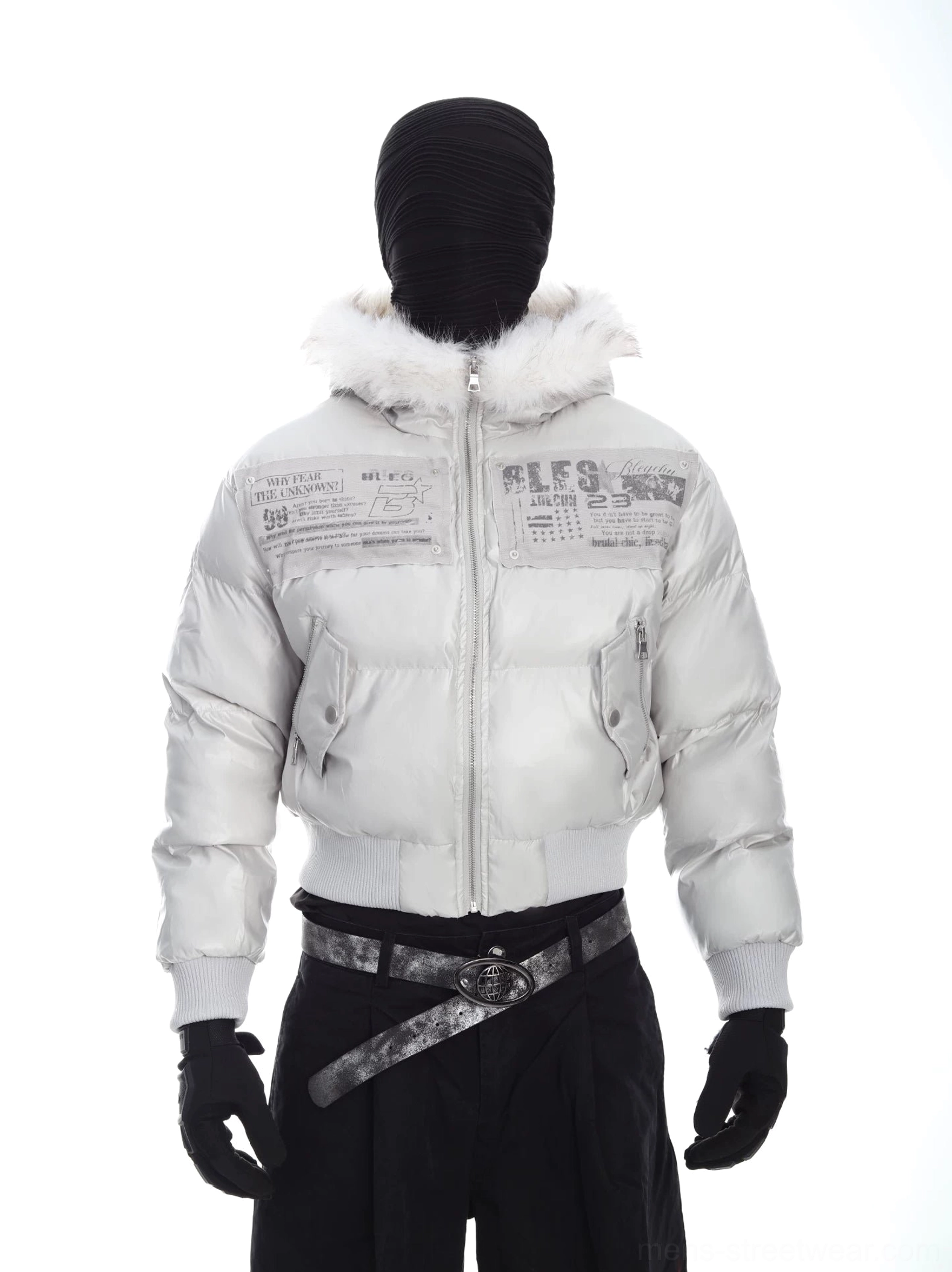 Light gray faux fur trimmed cropped puffer bomber jacket front view with graphic chest patches and quilted streetwear finish