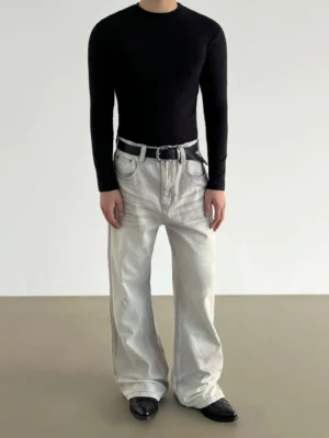 Full-body front view of relaxed washed wide-leg denim jeans with belt loops and a clean Korean streetwear silhouette