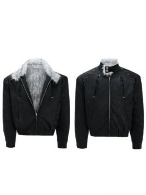 Black textured suede-look faux fur collar bomber jacket front product view with silver grey fur lining and gold zip closure