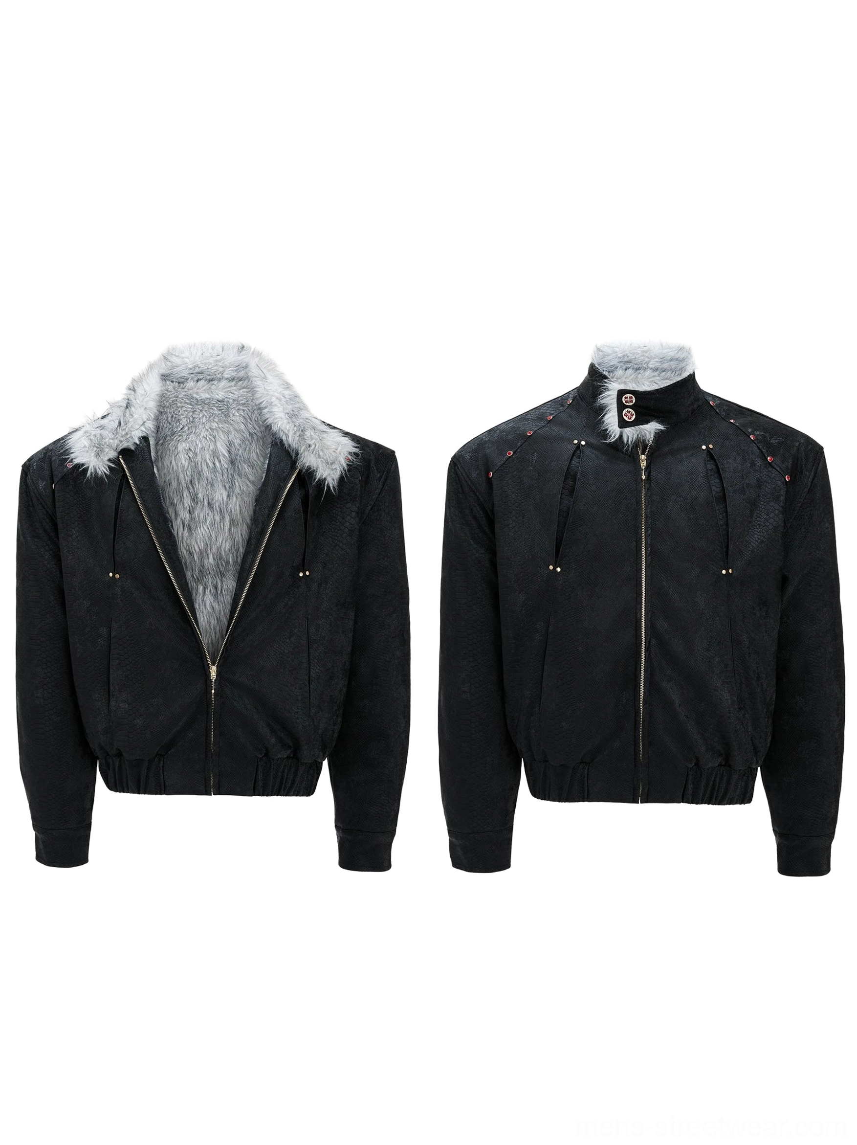 Black textured suede-look faux fur collar bomber jacket front product view with silver grey fur lining and gold zip closure