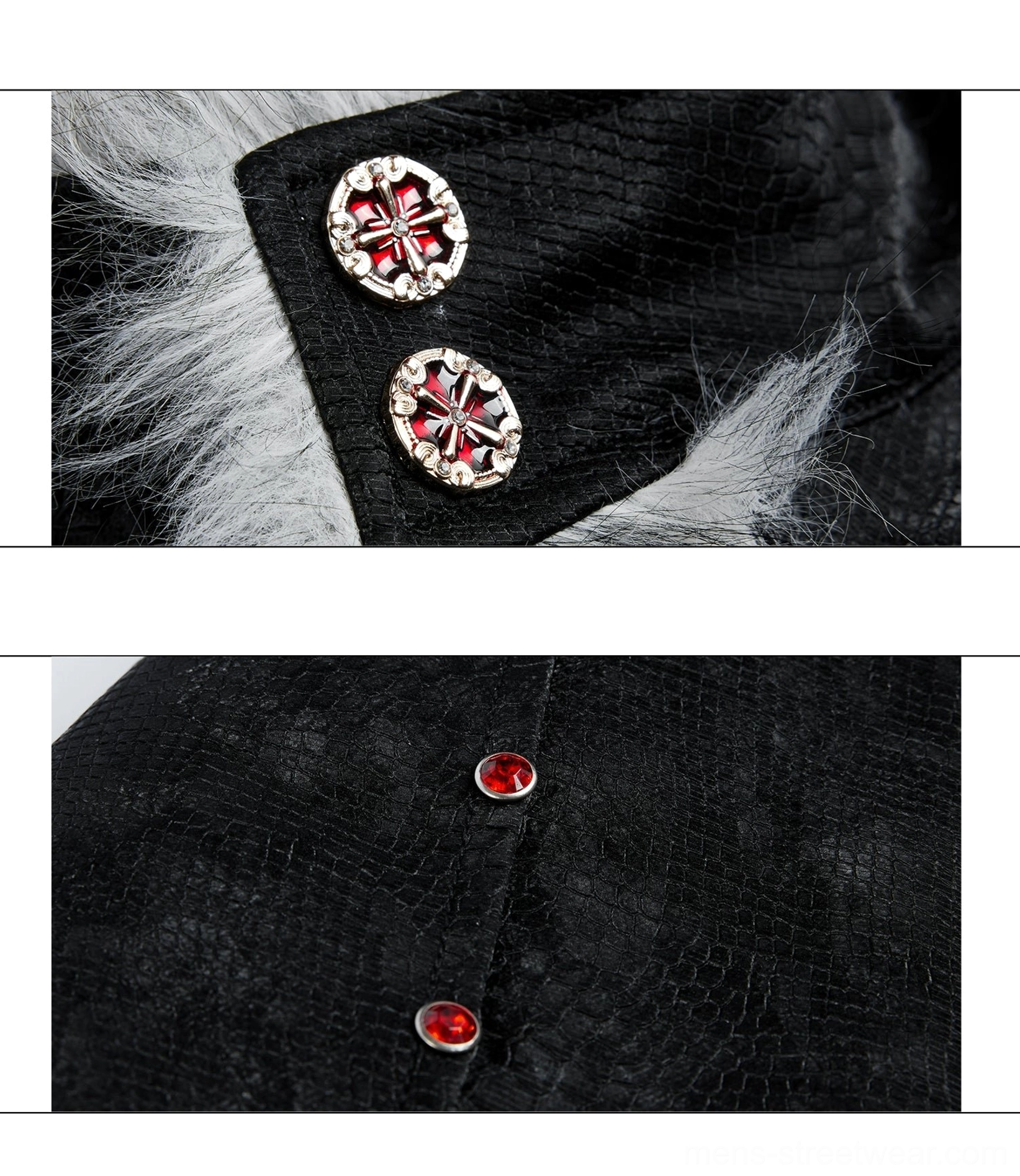 Frosted Dreamscape bomber jacket collar detail showing decorative red enamel buttons crystal trim grey faux fur and textured fabric