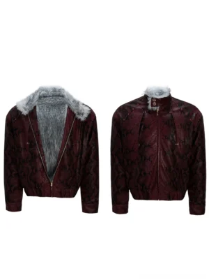 Red burgundy textured faux fur collar bomber jacket product view with silver grey fur lining and gold hardware