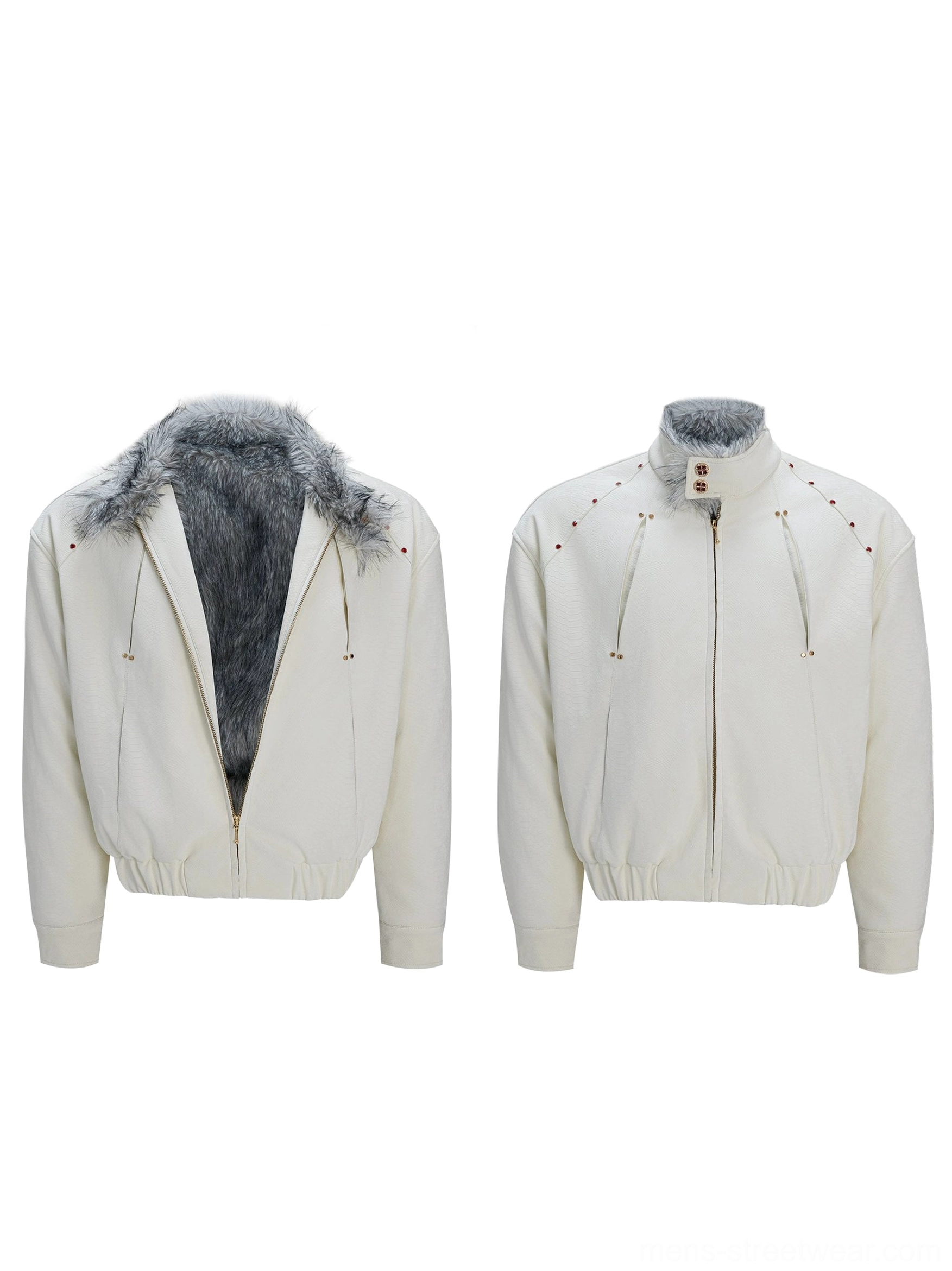 White faux fur collar bomber jacket front product view with soft grey fur lining and gold zip streetwear outerwear