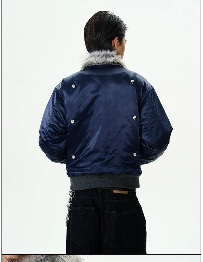 Frosted Orbit navy faux fur collar studded bomber jacket for Korean streetwear and modern urban winter outfits