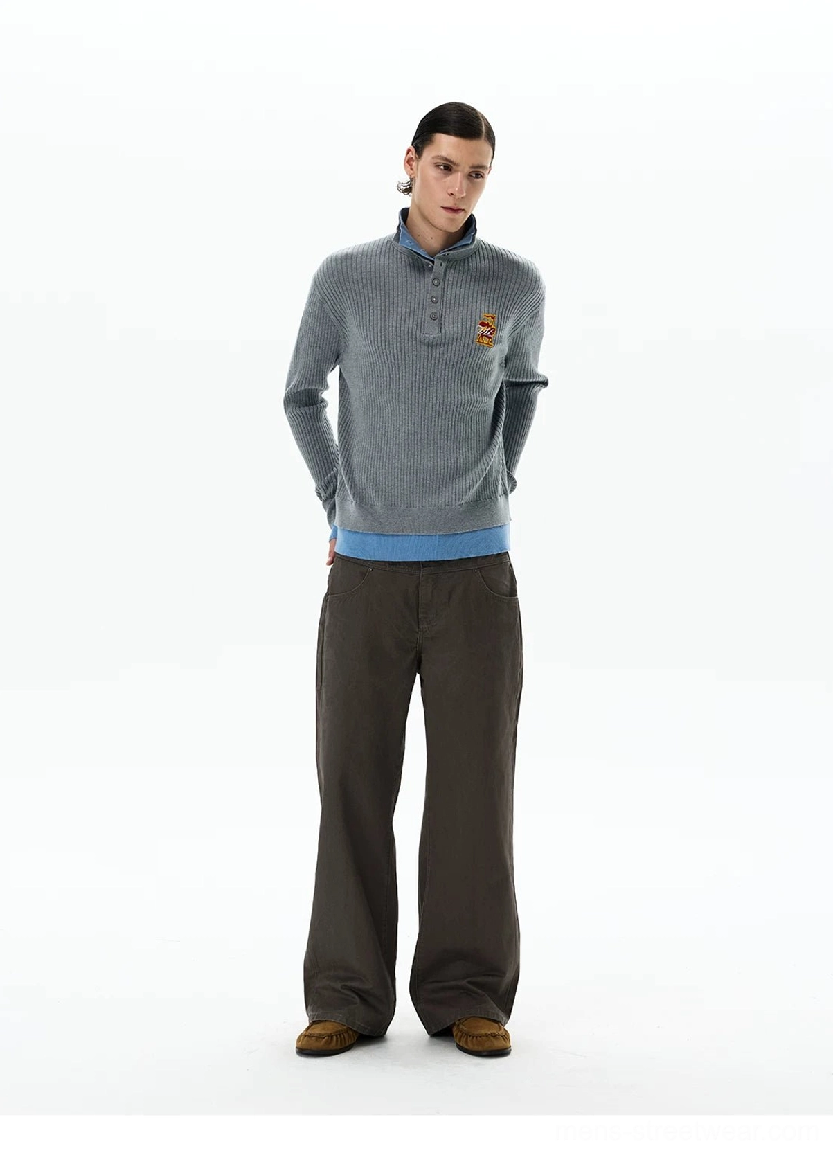Men's Korean streetwear layered rib knit polo in grey with sky blue trims embroidered chest badge and brown trousers