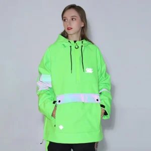 Fruit green unisex reflective color block snow anorak jacket with rainbow reflective trim and cargo pocket