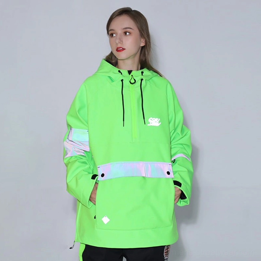 Fruit green unisex reflective color block snow anorak jacket with rainbow reflective trim and cargo pocket