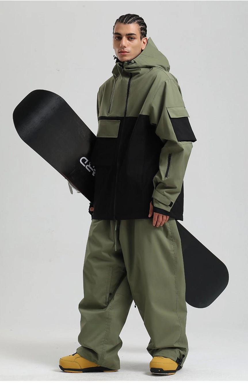 Functional colorblock snowboarding jacket combining alpine performance details with contemporary Seoul and Tokyo streetwear aesthetics