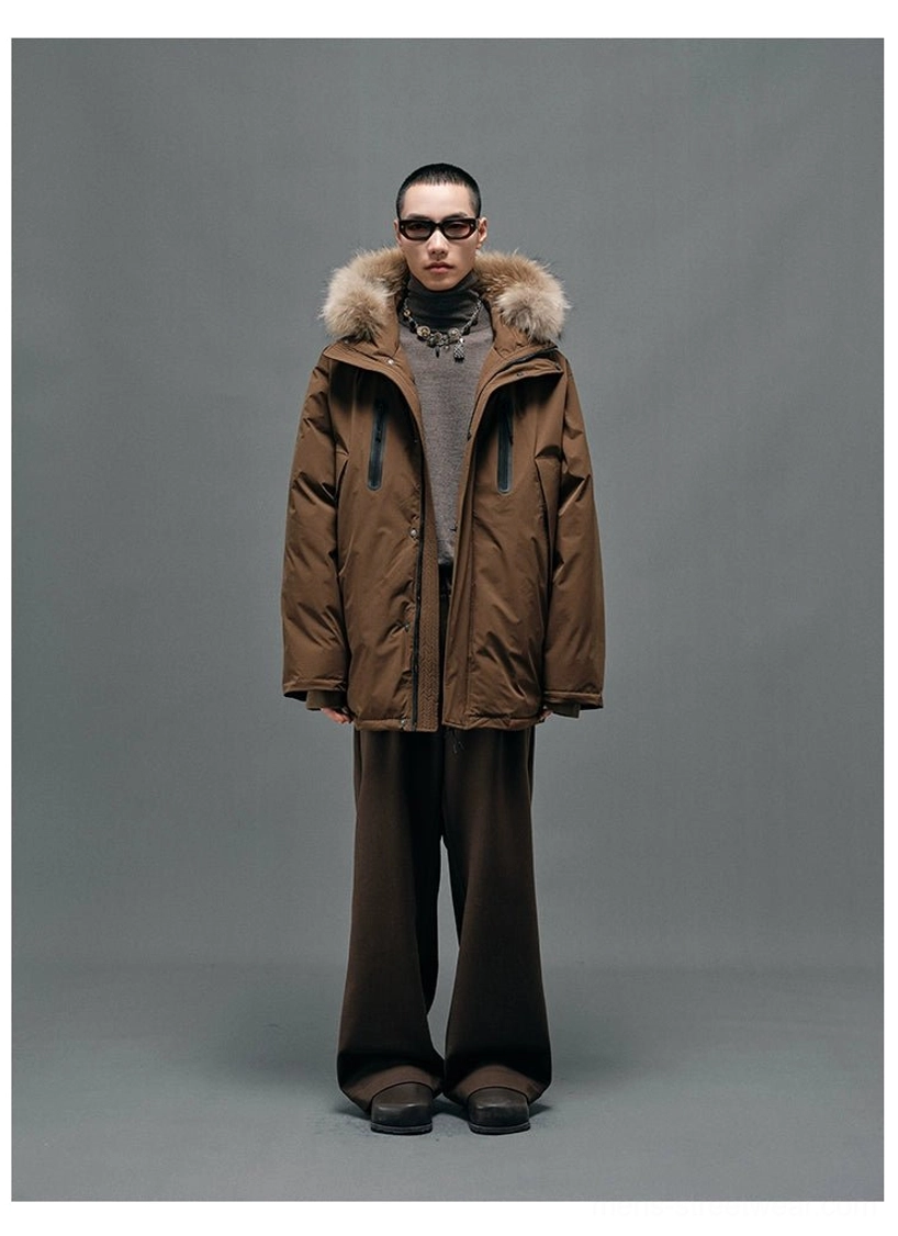 Fur-collar hooded white duck down coat showing relaxed winter streetwear construction and protective high neckline