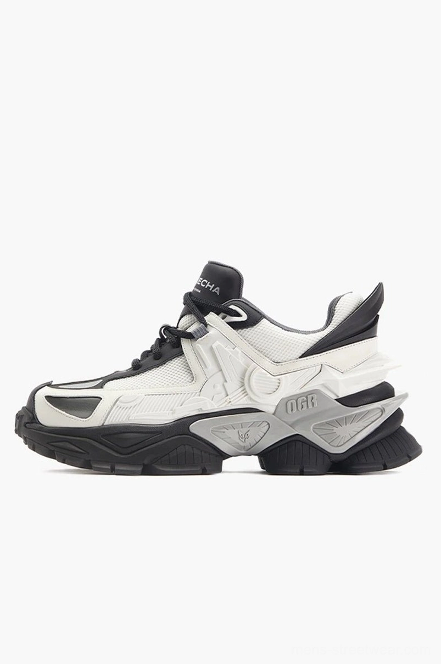 Right side view of futuristic mecha platform sneakers showing layered panels, breathable mesh construction, and textured techwear outsole