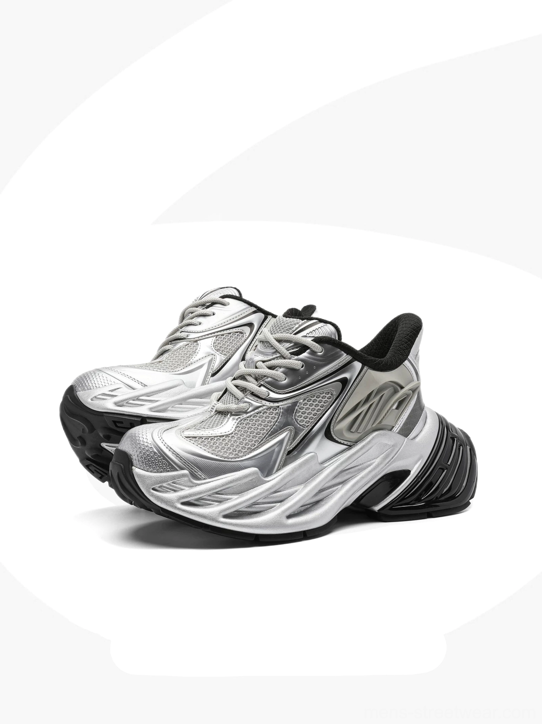 Futuristic metallic silver platform runner sneakers with breathable mesh upper and black sculpted outsole on a white background