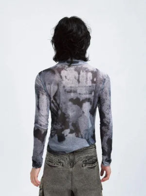 Back full-body view showing the printed design and slim fit of a black futuristic mesh turtleneck sweatshirt