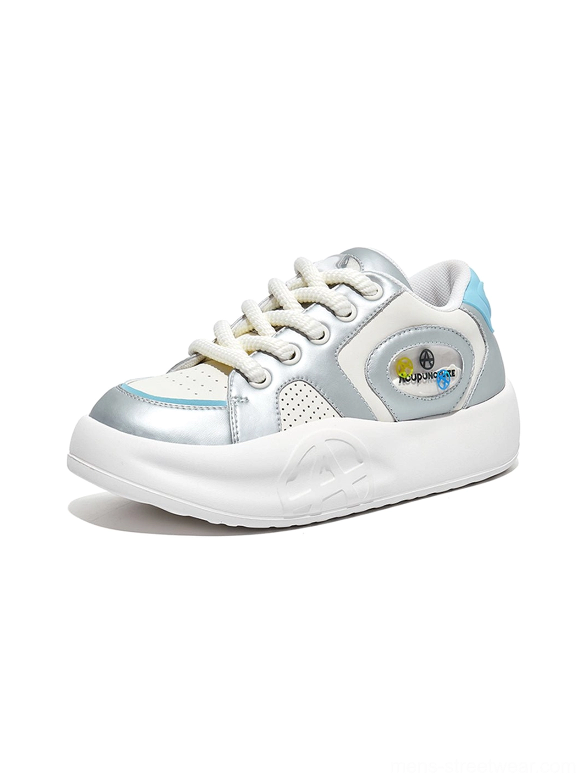 Futuristic silver chunky sneakers featuring metallic panel construction, cool blue accents, and a cushioned runner profile