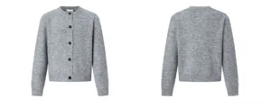 Light gray heather fuzzy knit button cardigan front and back flat lay studio product view