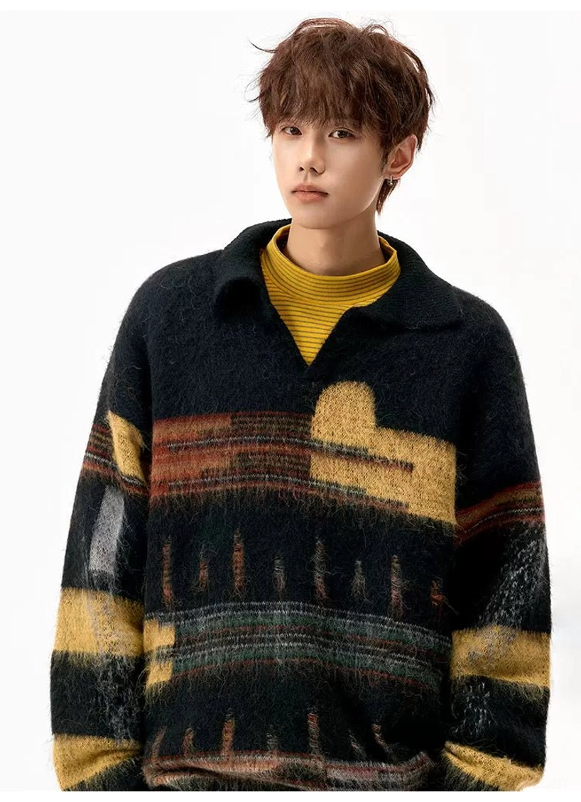 Close-up of the fuzzy knit polo collar, half-zip neckline, and colorful retro jacquard pattern on a streetwear sweater