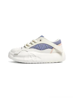 Blue and off-white geometric panel platform runner sneaker shown from the left side with chunky sculpted sole