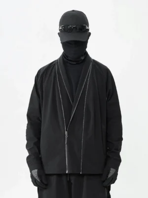 Ghost dual-zip black techwear track jacket shown in a front full-body streetwear outfit