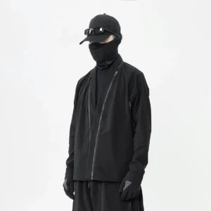 Ghost black dual-zip techwear track jacket shown from a three-quarter side view